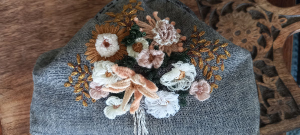 Delicate Peach and white hand embroidered flowers on grey linen handcrafted purse