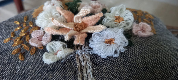 Delicate Peach and white hand embroidered flowers on grey linen handcrafted purse