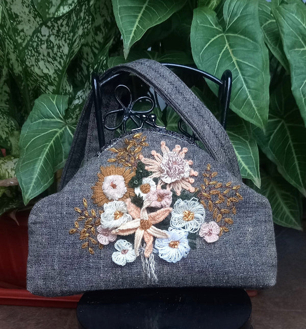 Delicate Peach and white hand embroidered flowers on grey linen handcrafted purse