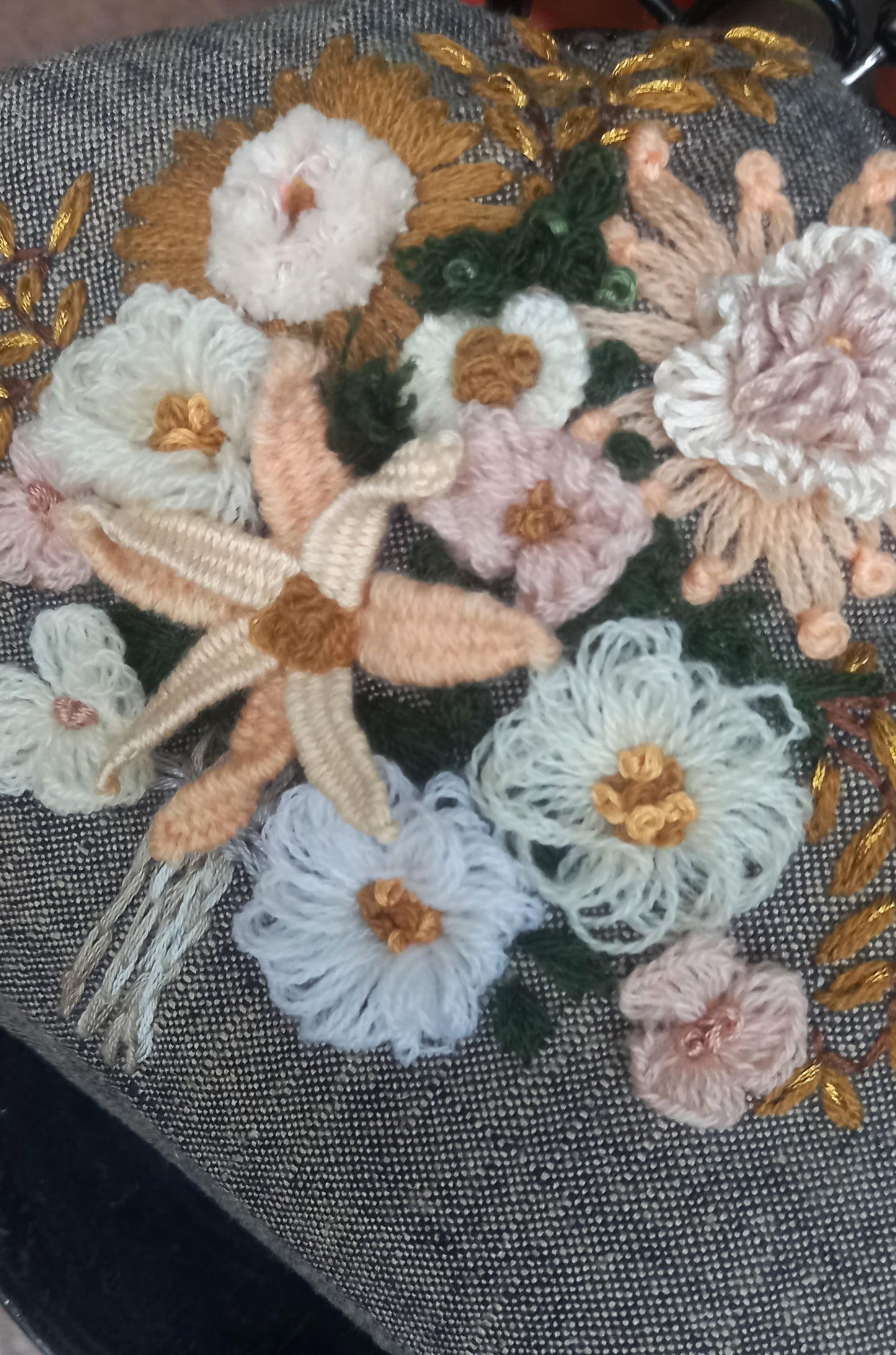 Pretty Peachy Flowers embroidered on a Khadi Linen Purse