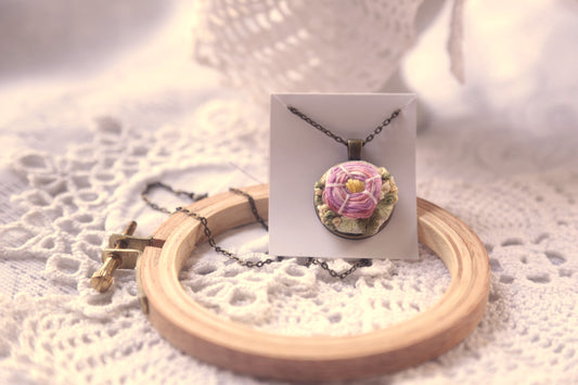 A Pink Rose Hand Embroidered Pendant